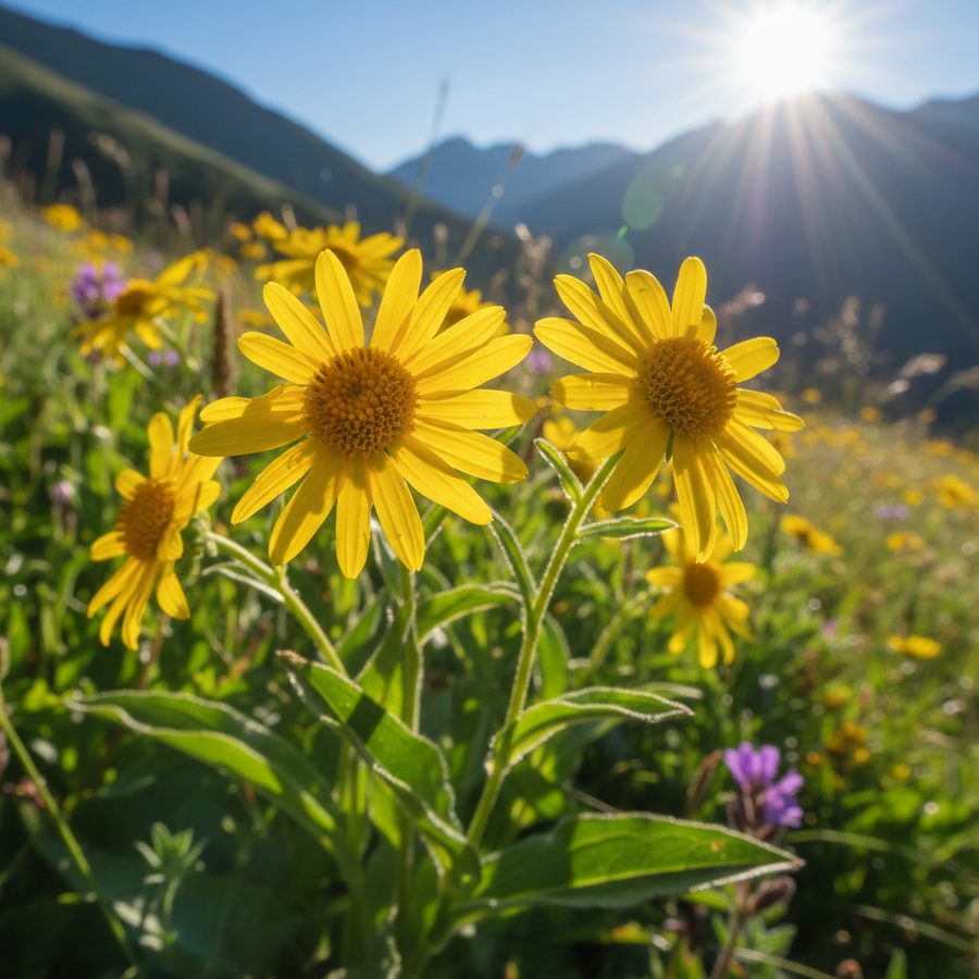 Gelb blühende Arnika auf einer sonnigen Bergwiese