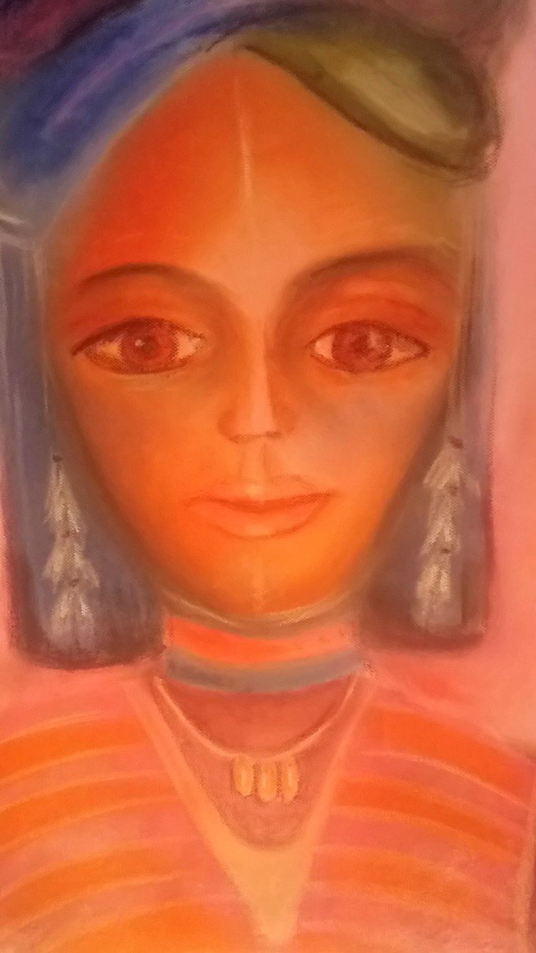 Pastellbild: Gesicht mit orangem Schleier