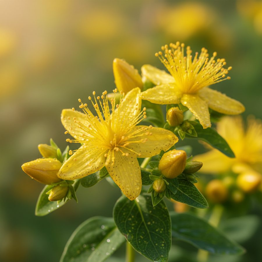 Gelbe Blüten des Johanneskrauts mit feinen Staubfäden