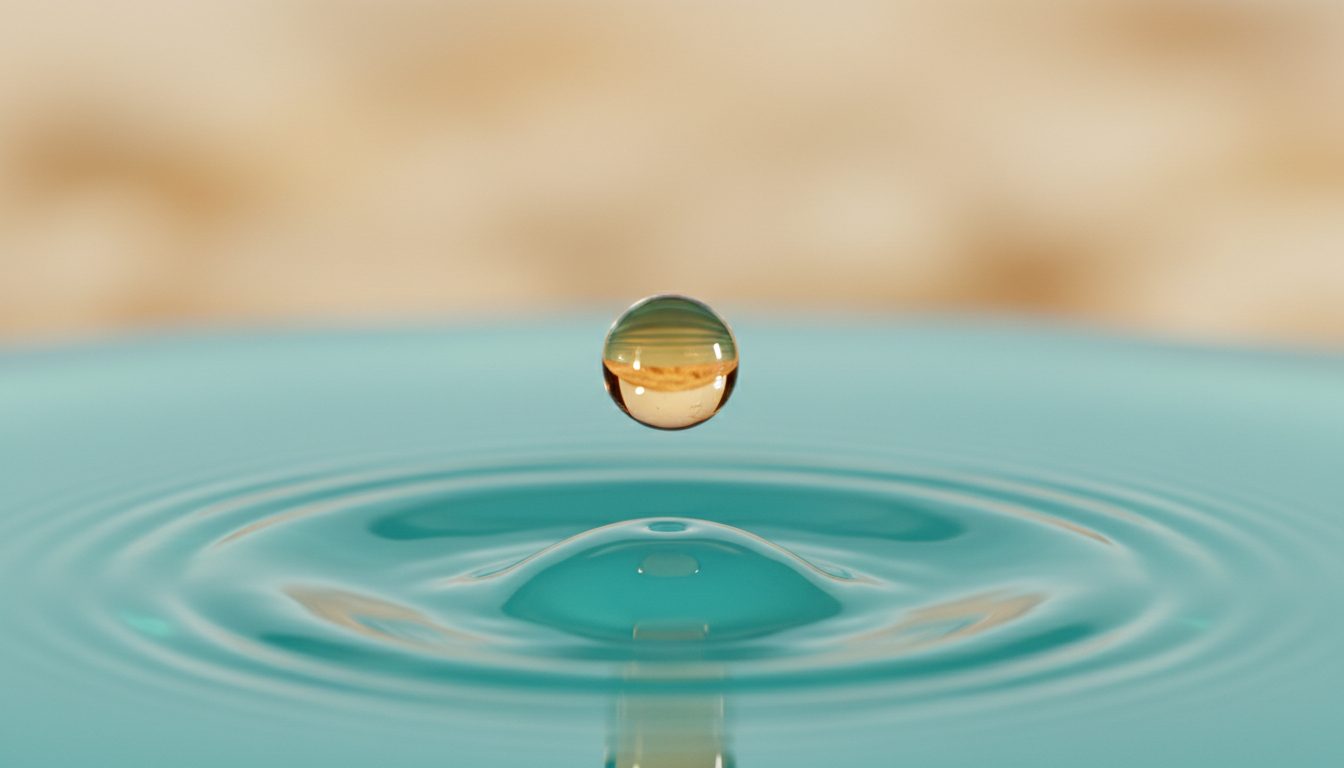 Ein Tropfen fällt auf eine türkisfarbene Wasseroberfläche, um ihn breiten sich Wasserkreise aus